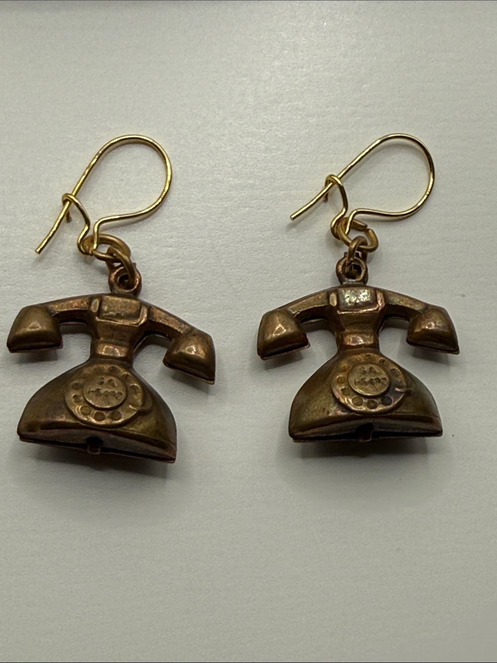 Vintage Style Brass coppery Telephone Charm Earrings - Gold Tone pierced